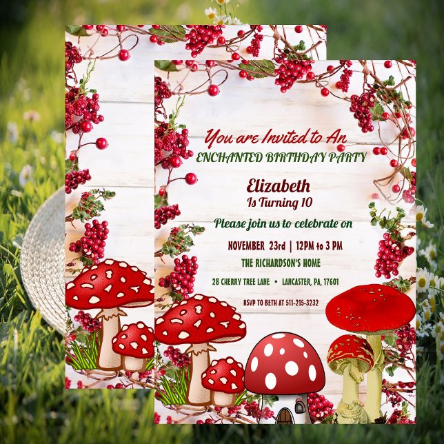 Red Berry Garden Toadstool Barn Födelsedagsfest Inbjudningar (Red Berry Garden Toadstool Kid's Birthday Party Invitation)