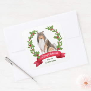 Red Berry Holly Banner Collie Hund jul Fyrkantigt Klistermärke