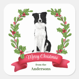 Red Berry Holly Banner Gräns Collie Hund jul Fyrkantigt Klistermärke