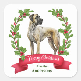 Red Berry Holly Banner Great dane Hund jul Fyrkantigt Klistermärke