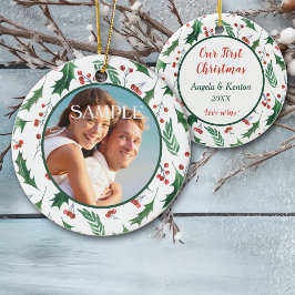 Red Berry Holly Photo Template vår första jul Julgransprydnad Keramik