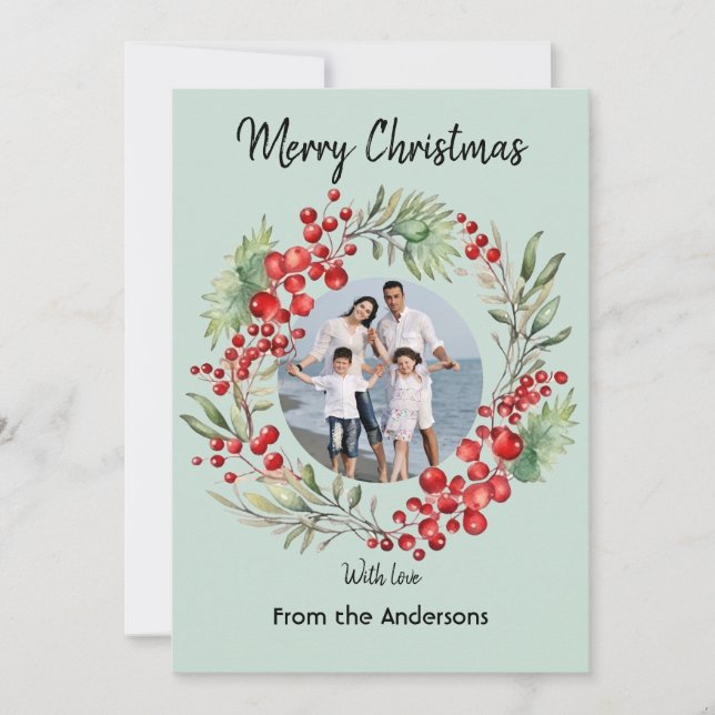 Red Berry jul Winter Winter Grönt Hälsning Julkort (Framsida)