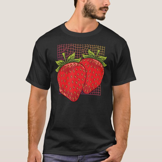 Red Berry Synthwave Summer Fruit Food Strawberry T Shirt (Framsida)