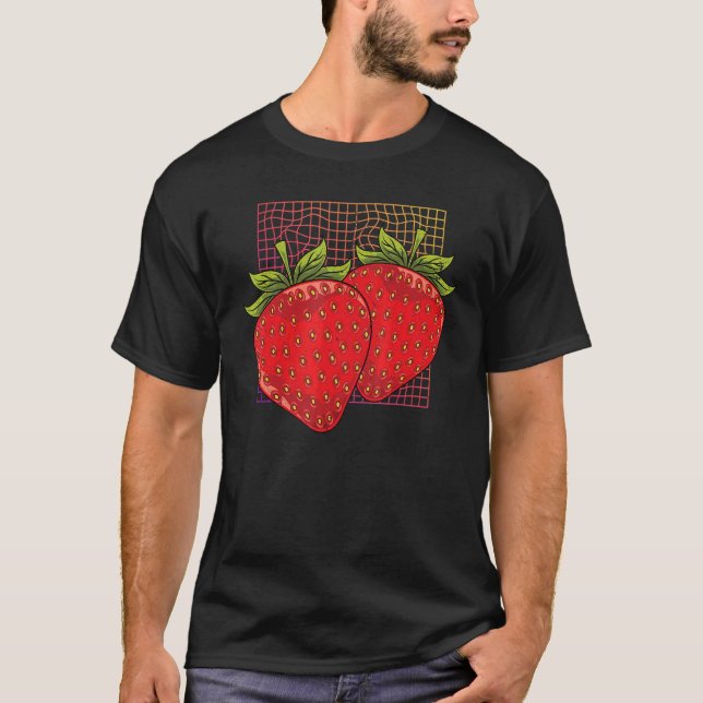 Red Berry Synthwave Summer Fruit Food Strawberry T Shirt (Framsida)