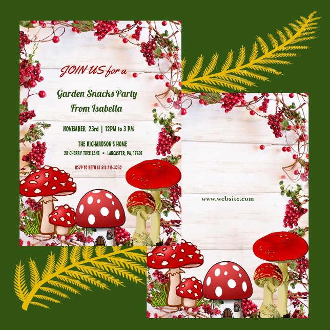 Red Berry Toadstool Garden Snacks Barn Fall Party Inbjudningar (Red Berry Toadstool Garden Snacks Kid's Fall Party Invitation)