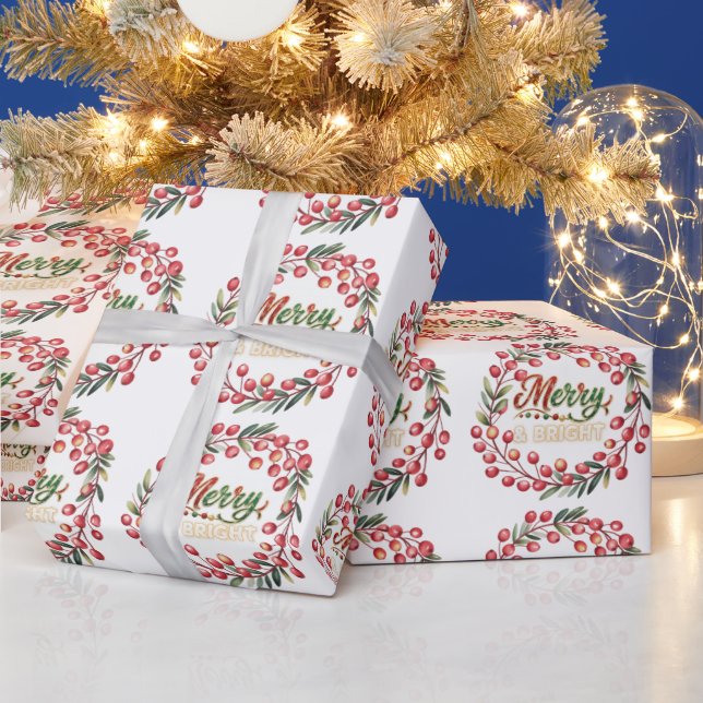 Red Berry Wreath Merry & Bright Presentpapper (Helgdagar)