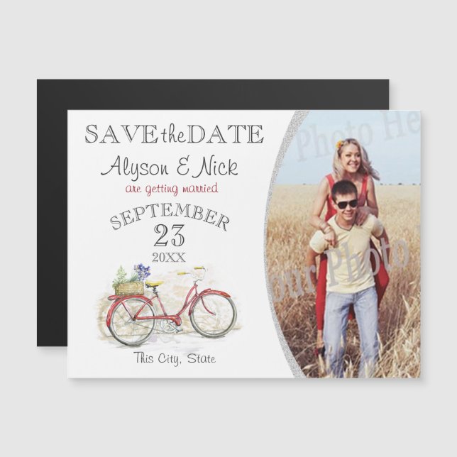 Red Bicycle Photo Save Date Magnetisk Inbjudningskort (Fram/baksida)