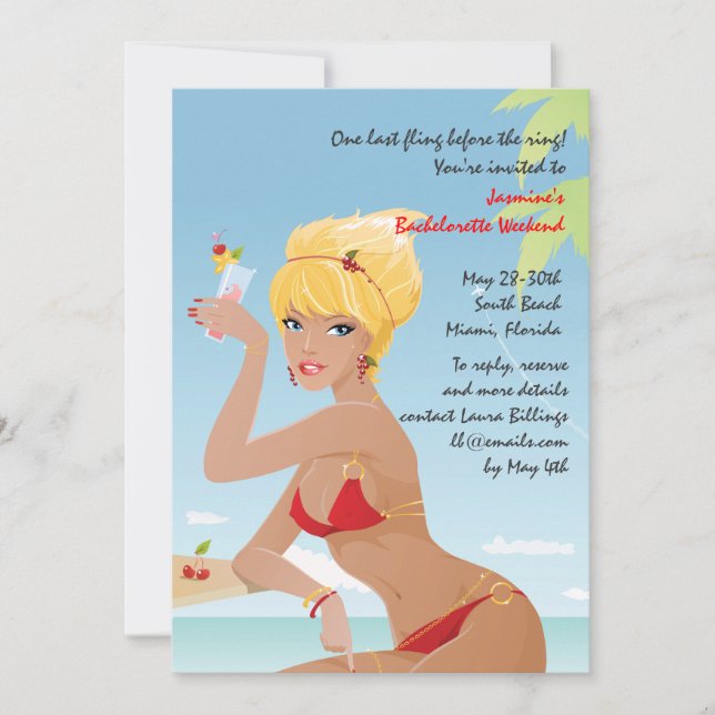 Red Bikini Girl Bachelorette Party-inbjudan Inbjudningar (Framsida)