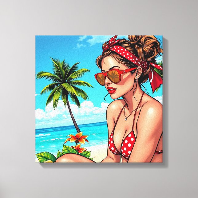 Red Bikini, Sunglasses och Bandana Woman Canvastryck (Framsida)