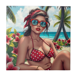 Red Bikini, Sunglasses och Bandana Woman Kakelplatta