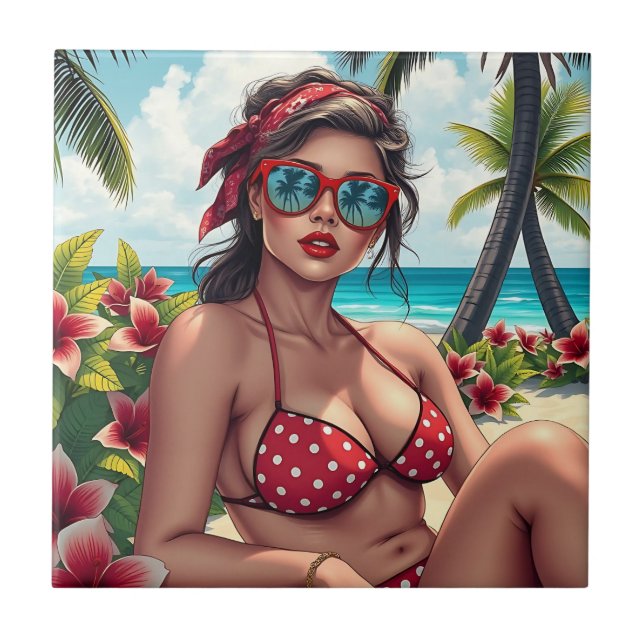 Red Bikini, Sunglasses och Bandana Woman Kakelplatta (Framsidan)