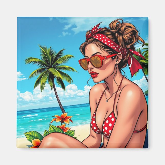 Red Bikini, Sunglasses och Bandana Woman Magnet (Framsidan)