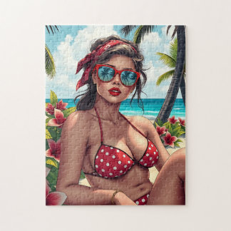 Red Bikini, Sunglasses och Bandana Woman Pussel