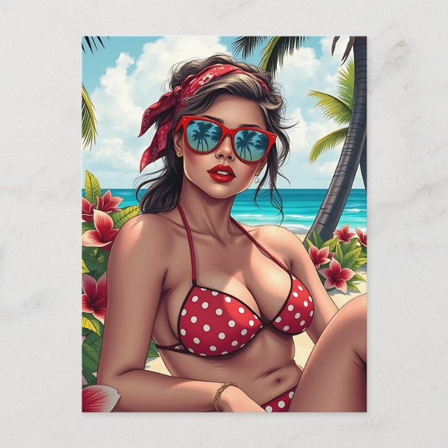 Red Bikini, Sunglasses och Bandana Woman Vykort (Framsida)