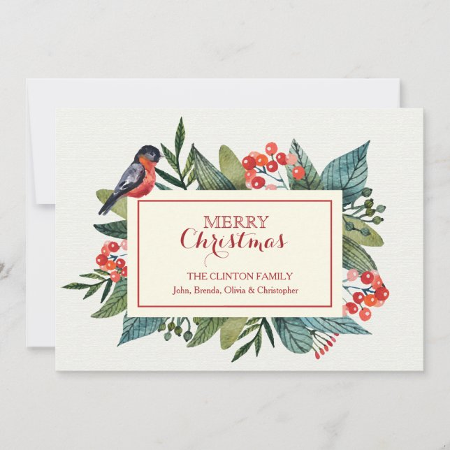 Red Bird and Berries Helgdag Card Julkort (Framsida)