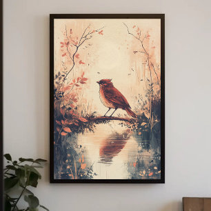 Red Bird and Vatten Nature Animal Wildlife Aesthet Poster