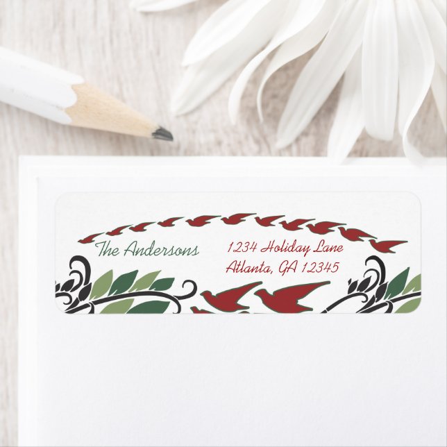 Red Bird Arch Löv Swirl Art nouveau Adress Returadress Etikett (Insitu)