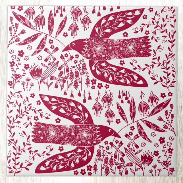 Red Bird Art Kakelplatta (Red and white folk art style peace doves and flowers bird art ceramic tile)