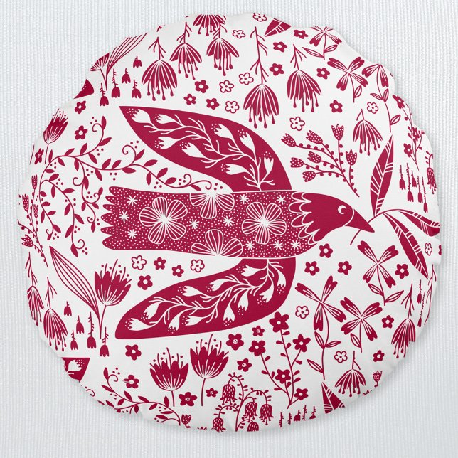 Red Bird Art Rund Kudde (Red and white peace dove folk art pillow)