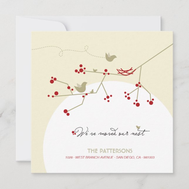 Red Bird Family's New Nest on Träd Home Flytta Meddelande (Framsida)