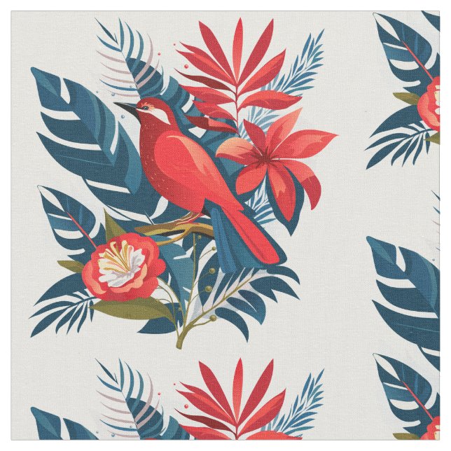 Red bird & flowers pattern Winter Holiday Artistic Tyg (Närbild)