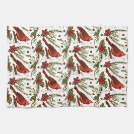 Red Bird, holly löv, poinsettia, gräs Kökshandduk
