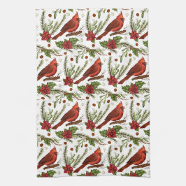 Red Bird, holly löv, poinsettia, gräs Kökshandduk