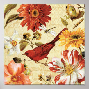 Red Bird i en Blomsterträdgård Poster