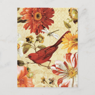 Red Bird i en Blomsterträdgård Vykort