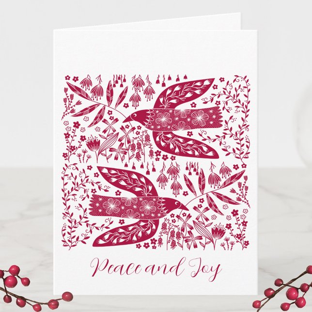 Red Bird-jul Anteckningskort (Peace doves red and white bird and flower Holiday card)