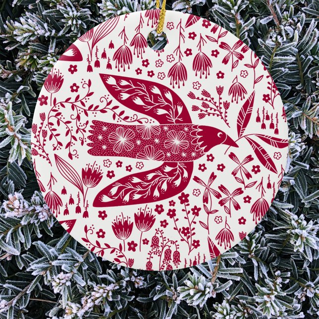Red Bird Julgransprydnad Keramik (Red and white peace dove art Christmas ornament)