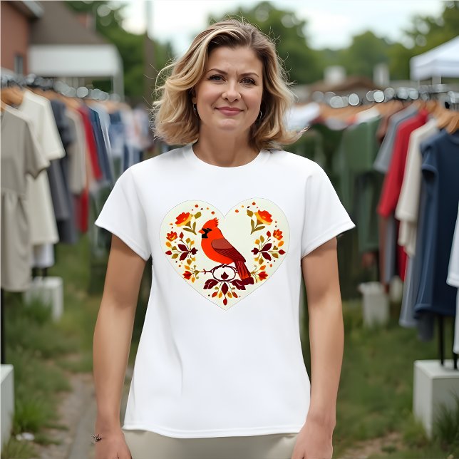 Red Bird (kardinal) Älskare - Boho Folk Art T Shirt (Boho Folk Art Cardinal in a Heart T-Shirt| Red Bird Lover's)