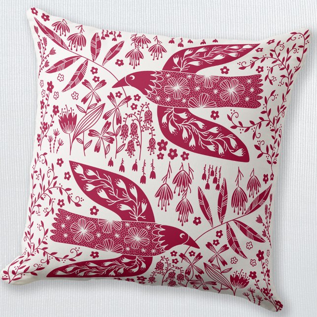 Red Bird Kudde (Red and white peace dove bird folk art style throw pillow)