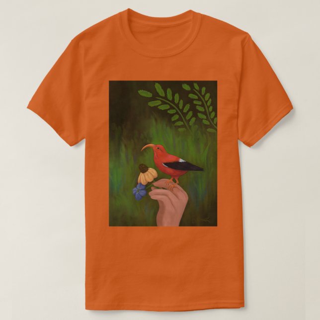 Red Bird och blommor på Nymph Hand Iiwi Hawaiian H T Shirt (Design framsida)