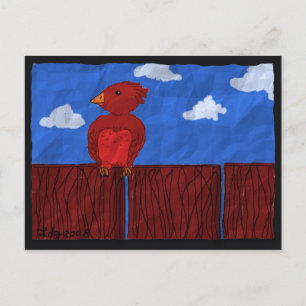 Red Bird on a Fence Postcard Vykort