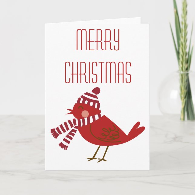 Red Bird with Scarf & Hat Merry Christmas Card Helgkort (Framsida)