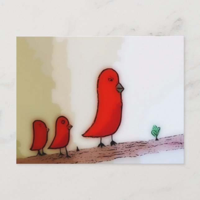 Red Bird with Spädbarn Art Vykort (Framsida)