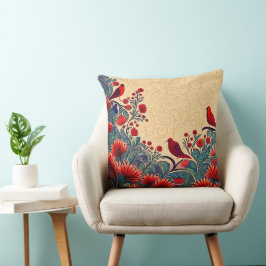 Red Birds, Blommigt Abstrakt Folksy Swirls Kudde