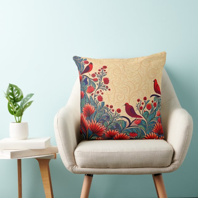 Red Birds, Blommigt Abstrakt Folksy Swirls Kudde (Stol)