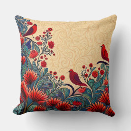 Red Birds, Blommigt Abstrakt Folksy Swirls Kudde