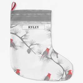 Red Birds Grått Grenar Mönster Monogram Stor Julstrumpa