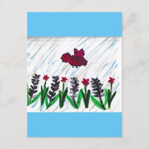 Red Birds Lavender Flowers Vykort