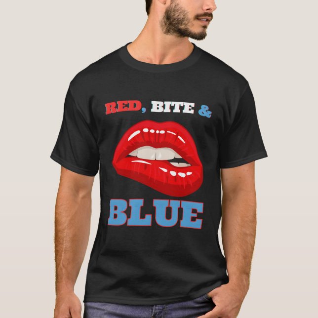 Red Bita Blue Roligt Läppar Biting the Mouth Kiss T Shirt (Framsida)
