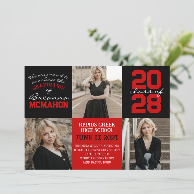 Red & Black 4 Photo Studenten-meddelande Inbjudningar (Red & Black Graduation Photo Announcements)