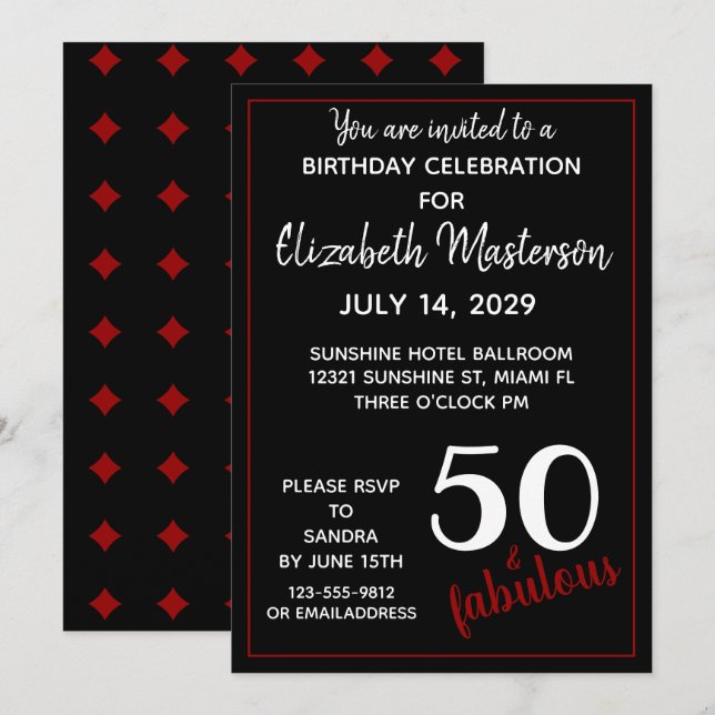 Red Black 50 och Fabulous 50:e Födelsedagsfesten Inbjudningar (Fram/baksida)
