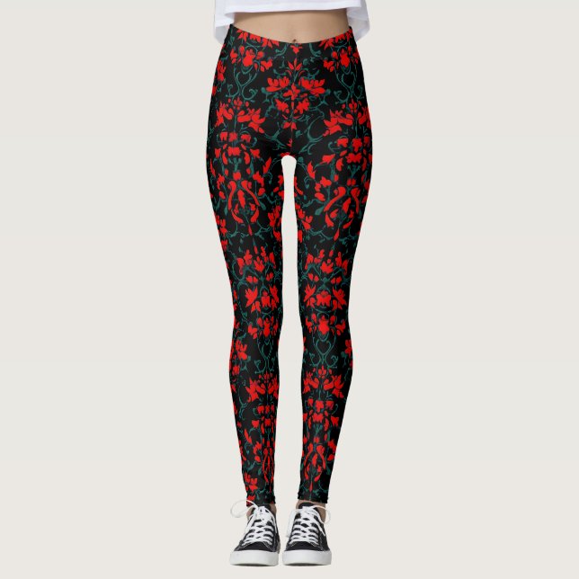 Red Black Abstrakt Mönster Leggings (Framsida)