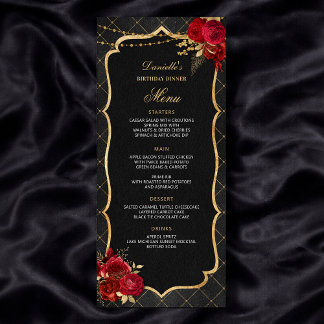 Red Black and Gold Birthday Dinner Menu Meny