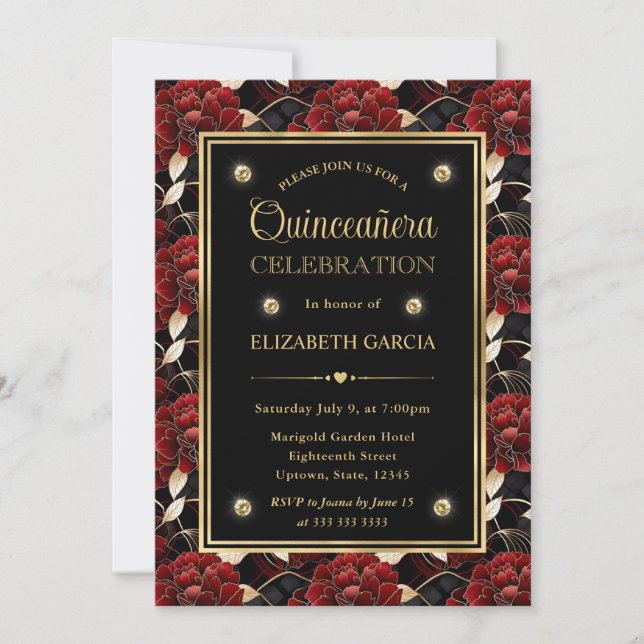 Red Black and Guld Marble Blommigt Quinceanera Inbjudningar (Framsida)