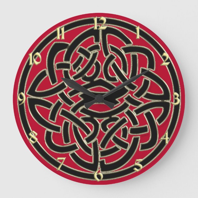 Red Black and Guld Metallic Celtic Knot Clock Stor Klocka (Framsida)