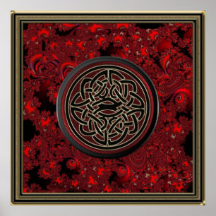 Red Black and Metallic Guld Celtic Knot on Fractal Poster